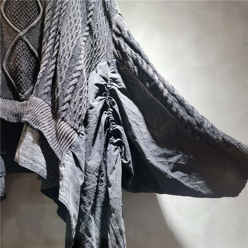 Personalized Distressed Fried Dough Twists Knitting Stitching Ruffle Large Loose Bat V-Neck Long Sleeve Sweater For Women In Spring And Autumn