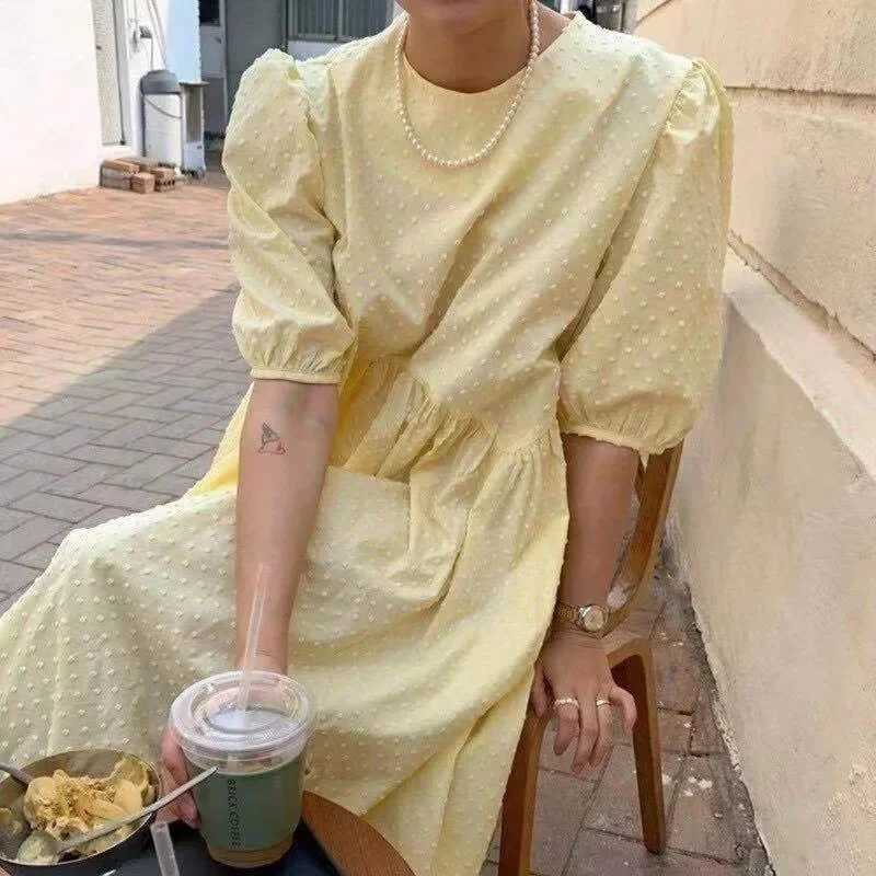 New Women Long Dress 2024 Summer Casual O-neck Puff-Sleeve Party Dresses Dots Elegant Female Ladies Loose Vestidos Femme 9941T250311