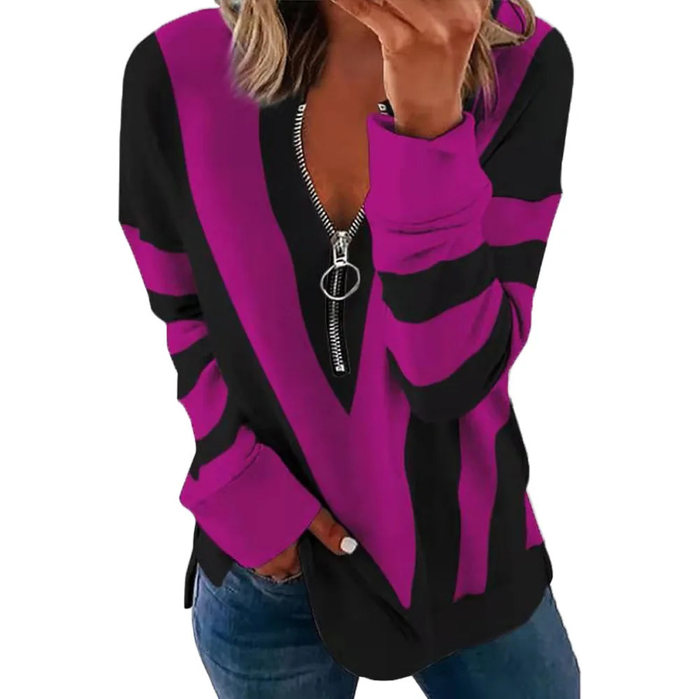 Autumn and winter shirts womens zipper Vneck striped loose long sleeved tops fashionable Tshirts streetwear 250311