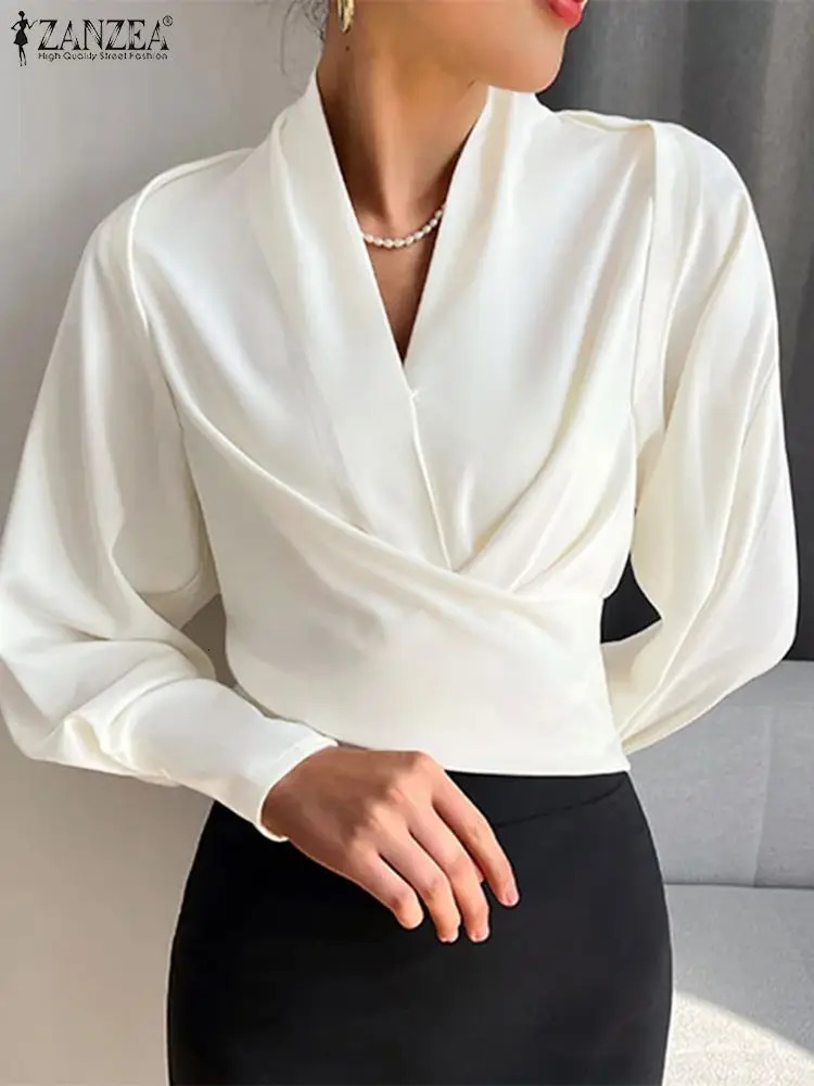 ZANZEA Fashion Wrapped Blouses Women Elegant Long Cuff Puff Sleeve V Neck Tops Waisted Short Irregular Shirts 250310