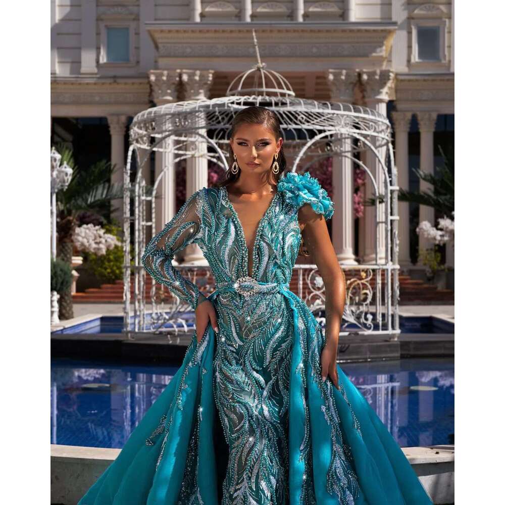 Sequin One Shoulder Dresses Deep V Neck, Mermaid Pearl Prom Detachable evening Party Dress Exquisite Sexy