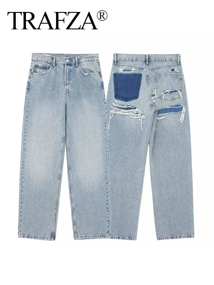 TRAFZA Womens Street Fashion Denim Blue Jeans Distressed Patchwork High Waist Zipper Fly Ripped Retro Long Pants 250311