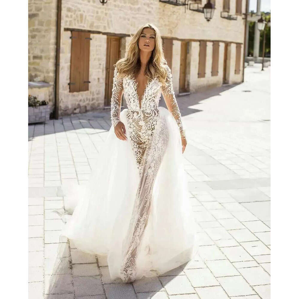 V Deep Neck Lace Jumpsuit See Through Wedding Dresses With Detachable Train Long Sleeve Bridal Gowns Vestido De Novia