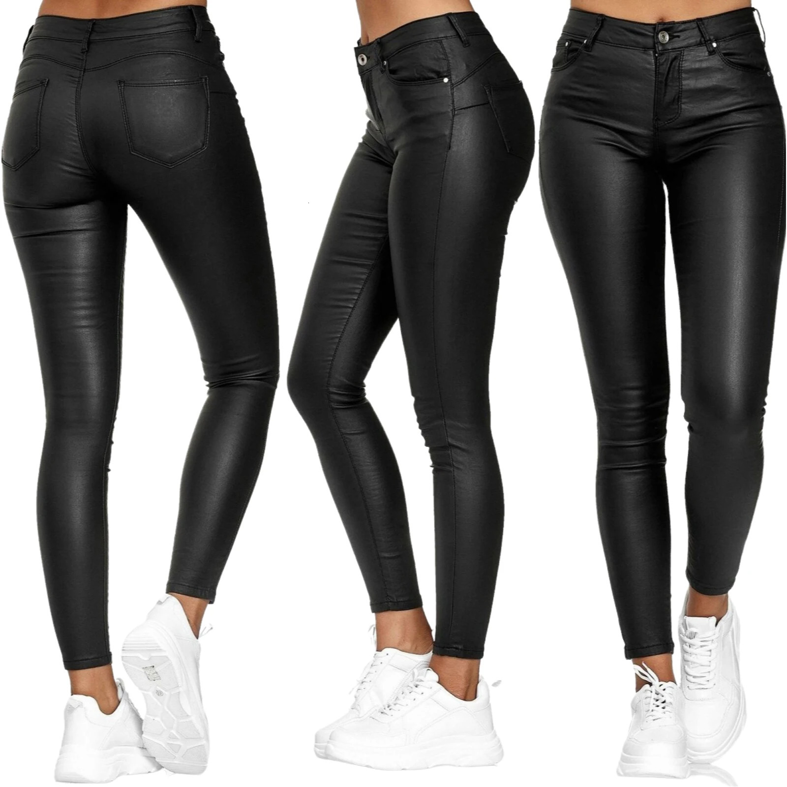 Women PU Leather Pants High Waist Skinny Push Up Leggings Elastic Trousers Spandex Jeggings Streetwear S3XL 250305