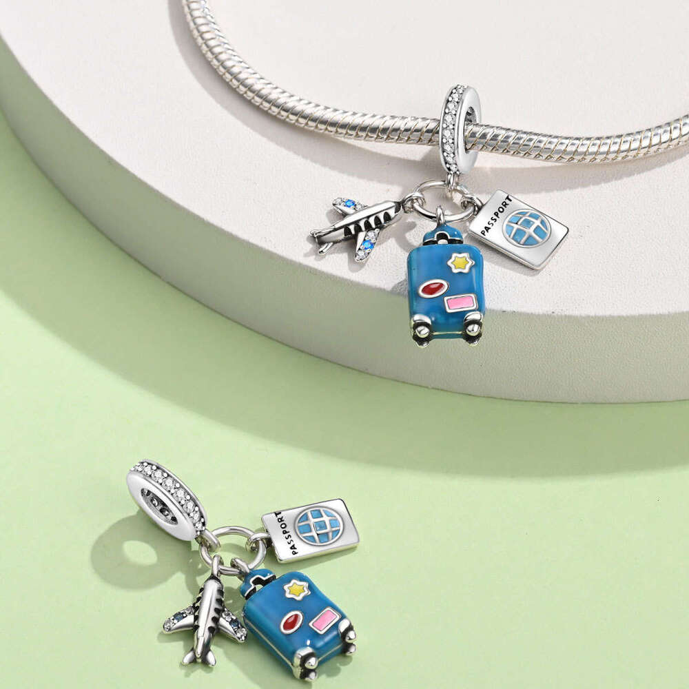Summer Ocean Travel vacation airplane Charms Retro Luggage beads DIY jewelry 925 Sterling Silver bracelet for women gift
