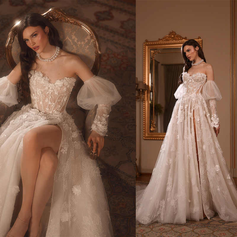 Gorgeous A Line Wedding Dresses With Strapless Lace Appliques Lace Bling Sequins Bridal Gowns Special Occasion Sweep Train Vestido de novia