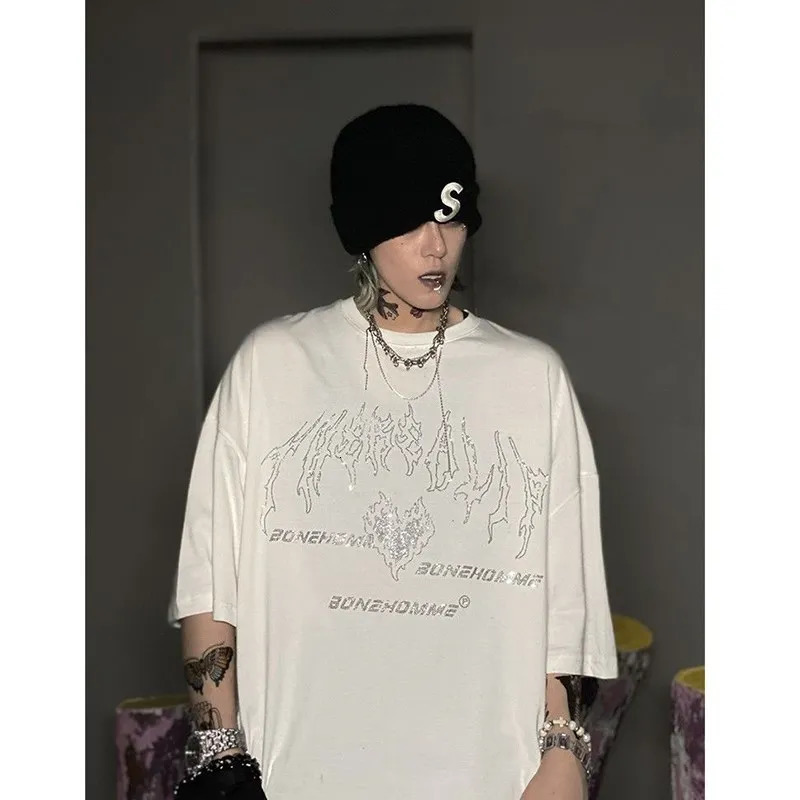 Streetwear American Vintage T Shirt Men Women Hip Hop Punk Rhinestone T-shirts Summer Short Sleeve Tops Tees Unisex Y2K Clothes 250310