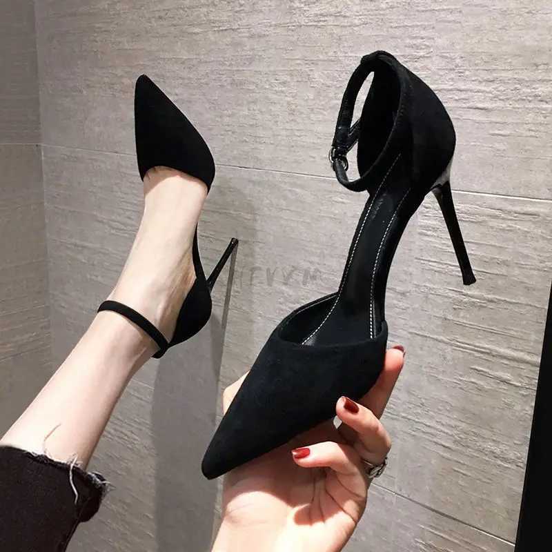 New 2022 Spring And Summer New Black High-Heeled Sandals French Girl Pointed Hot Toe Stiletto Buckle All-Match Wens Single Shoes Z250311