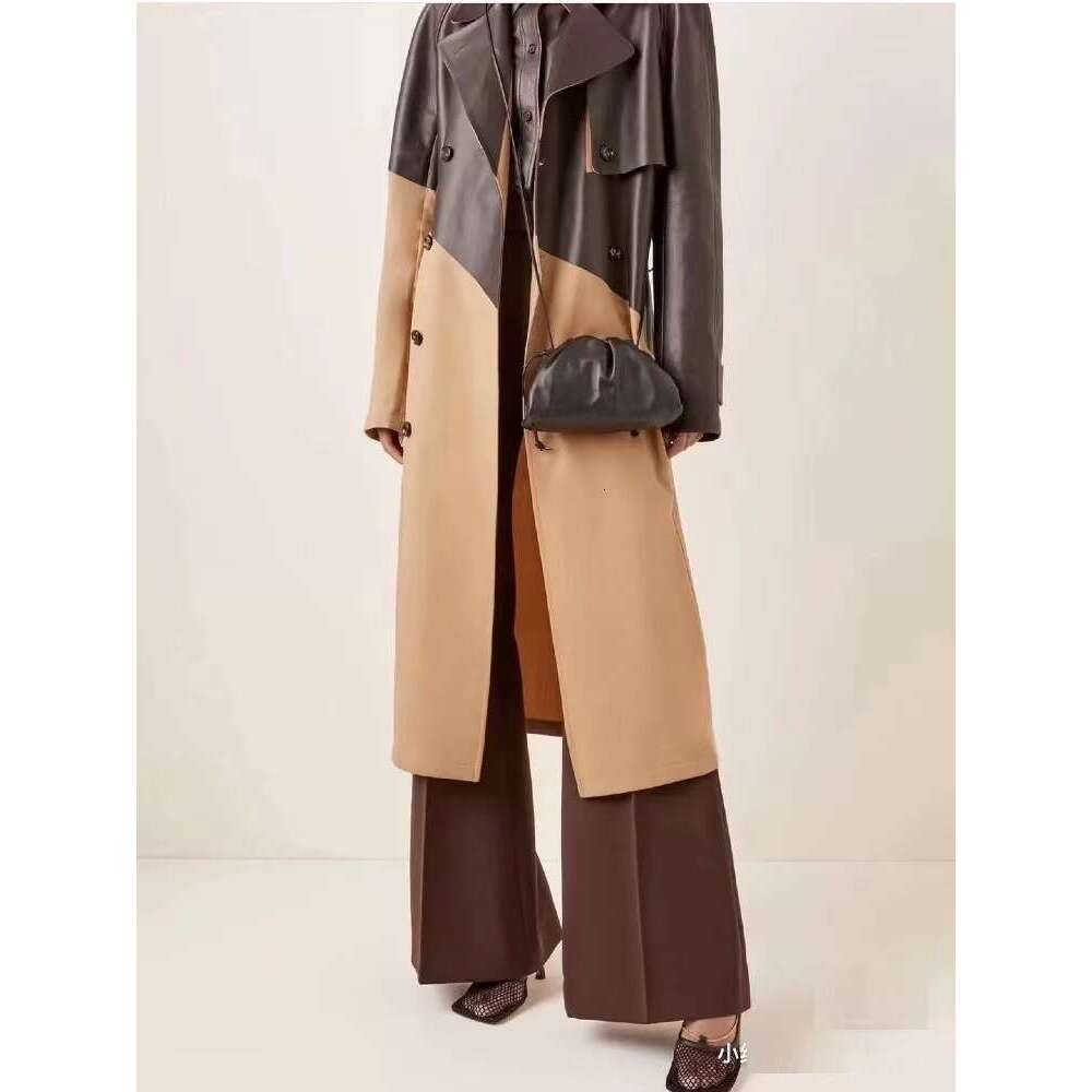 Autumn And Winter New Leather Patchwork Trench Coat With Temperament, Tie Up Waist, Double Breasted Buttons, Knee Length Jacket For Women