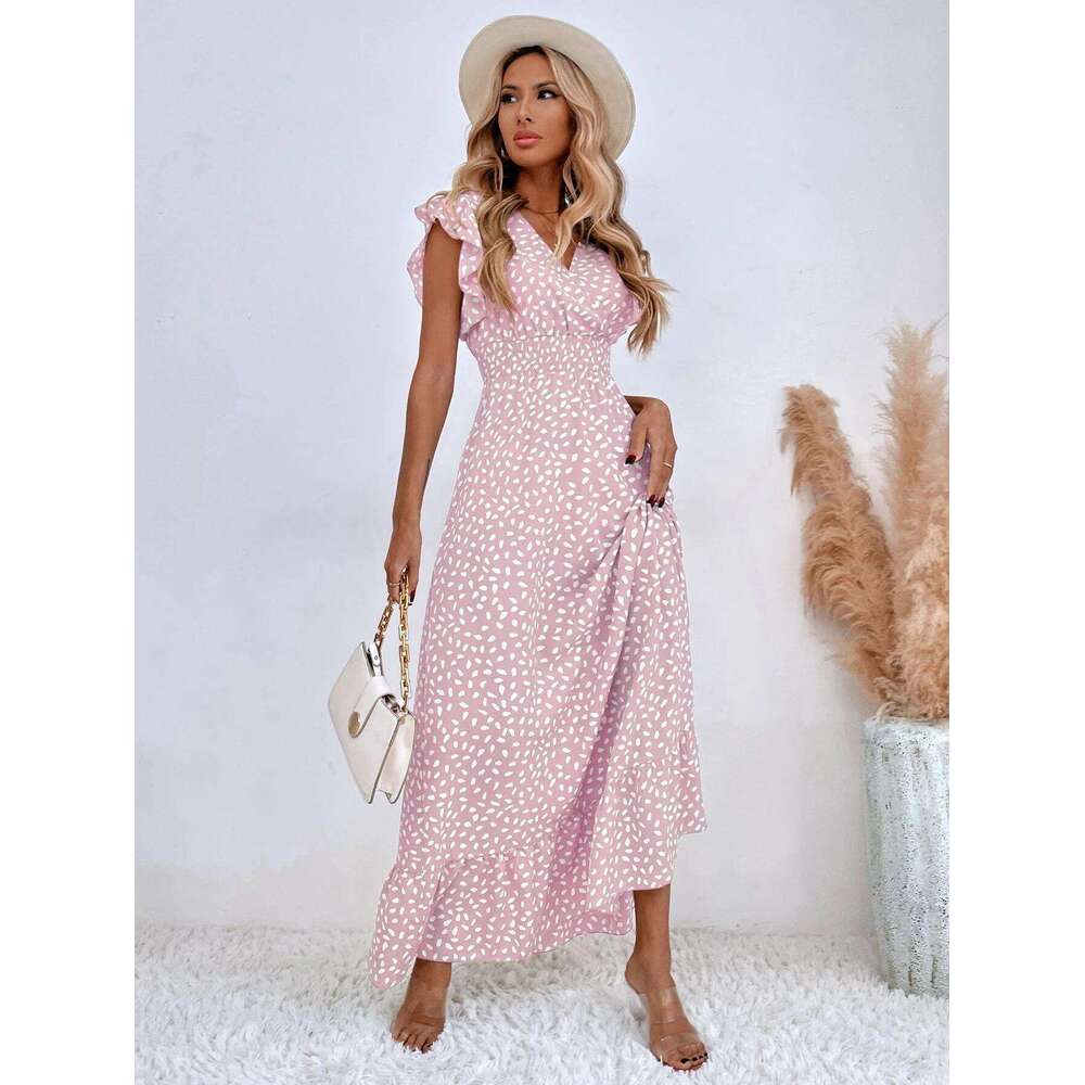 European American women's spring and summer V-neck waist cinched long skirt with ruffle edge dress for women 2025 new style temperament chic eleg