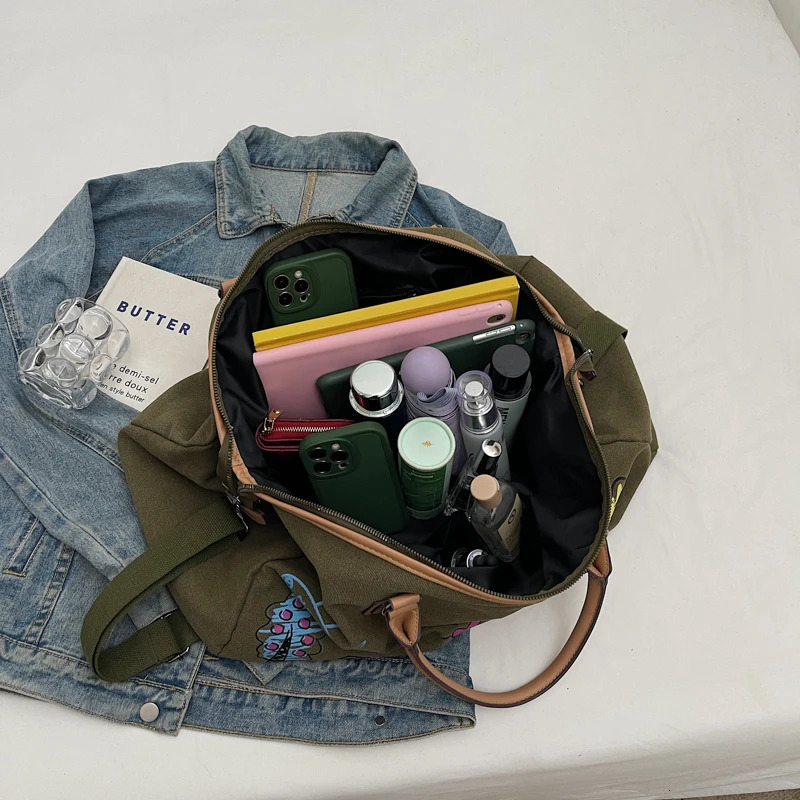 Colorful Cartoon Graffiti Pattern Womens Boston Travel Clothes Bags Large Capacity Shoulder Duffle Bag Canvas Crossbody Handbag 250311