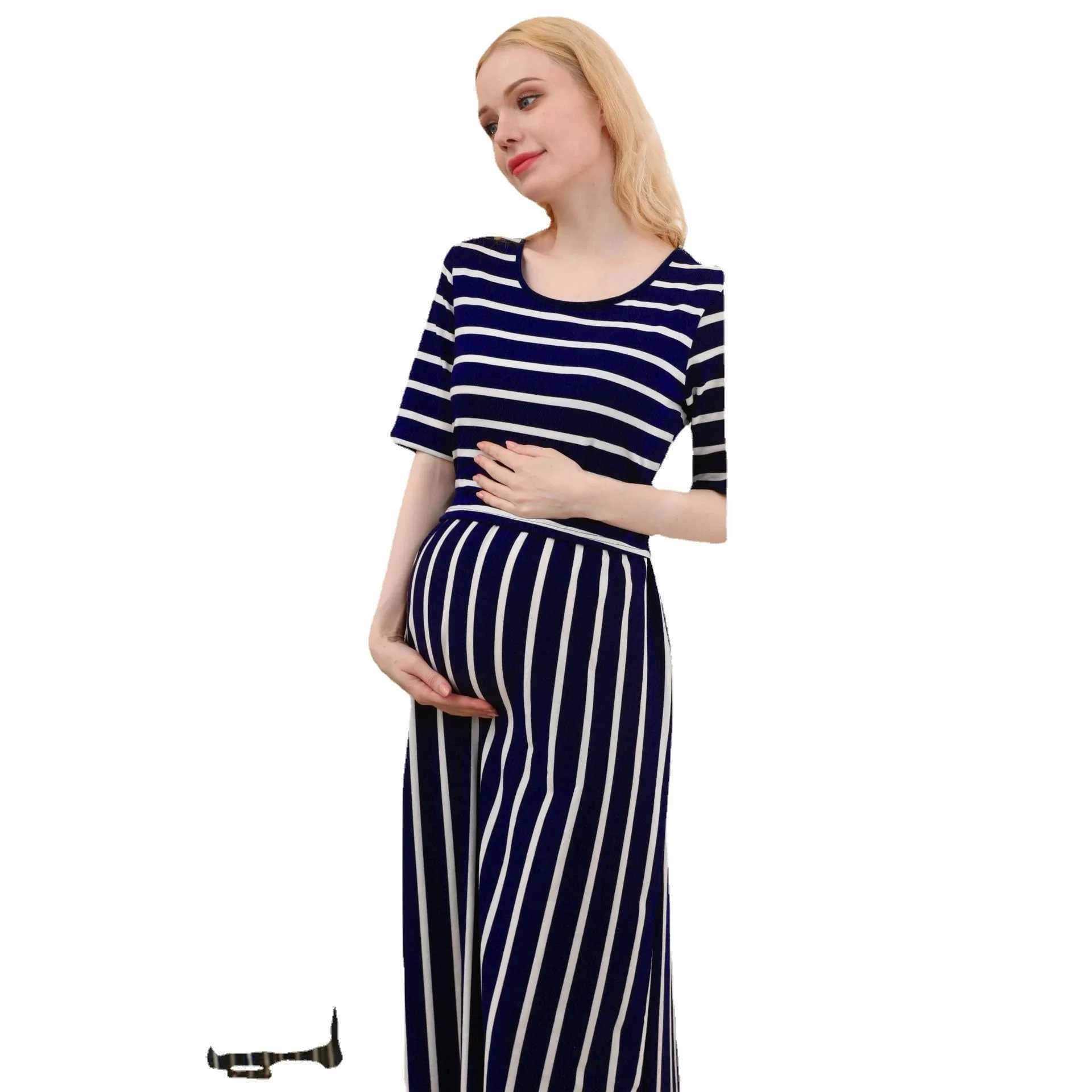 Striped Maternity Dress with Round Neck Comfortable Breastfeeding European and American Style Summer FashionT250311