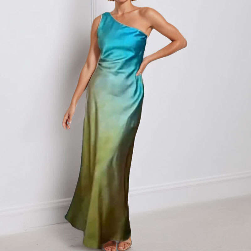Women's 2025 New Style Satin Sloping Shoulder Backless Sexy Tie Dye Gradient Dress For Women KLMY