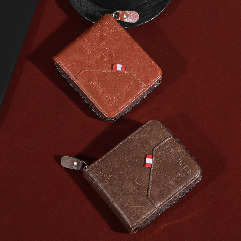 Mens Zipper Short Wallet Multi Card Cardholder PU Leather Double Fold with Coin Pocket Gift 250311