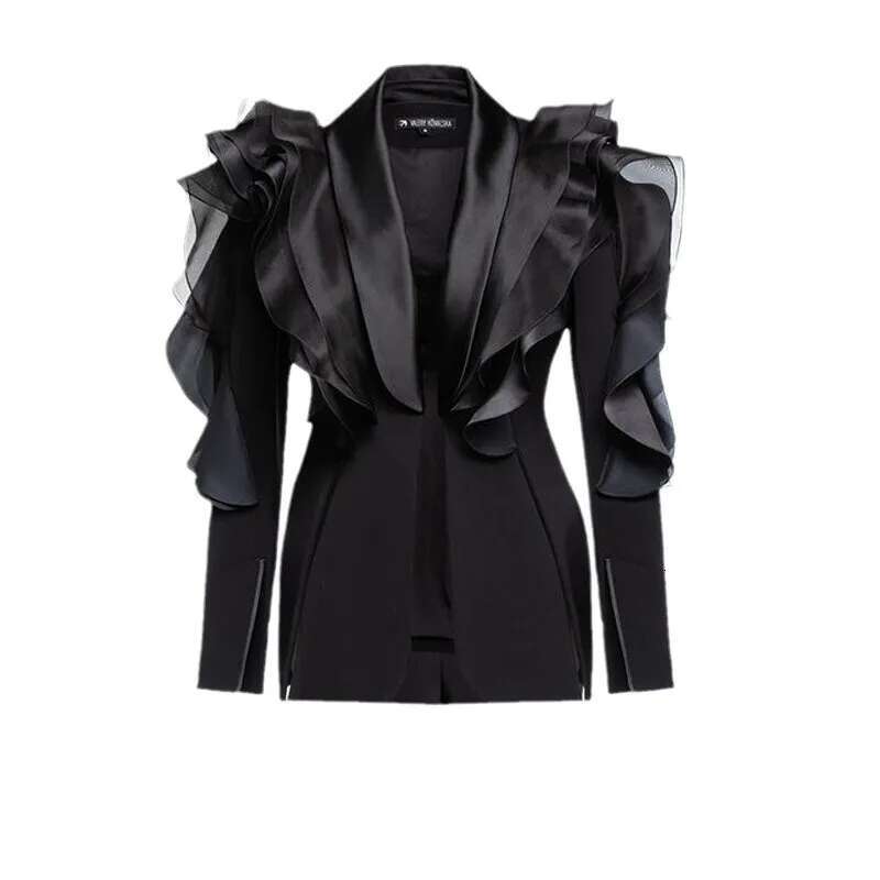 DEAT Fashion Black Three-Dimensional Splicing Ruffle Edge Blazer Women's Asymmetric Slim Fit Suit Jacket Spring 2025 New 7Ab8042