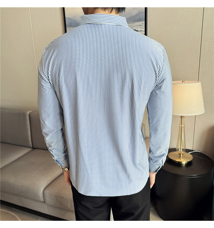 Thin striped long sleeved polo shirt for men, business casual t-shirt, men's dark placket, Korean version, high elasticity, autumn and winter new