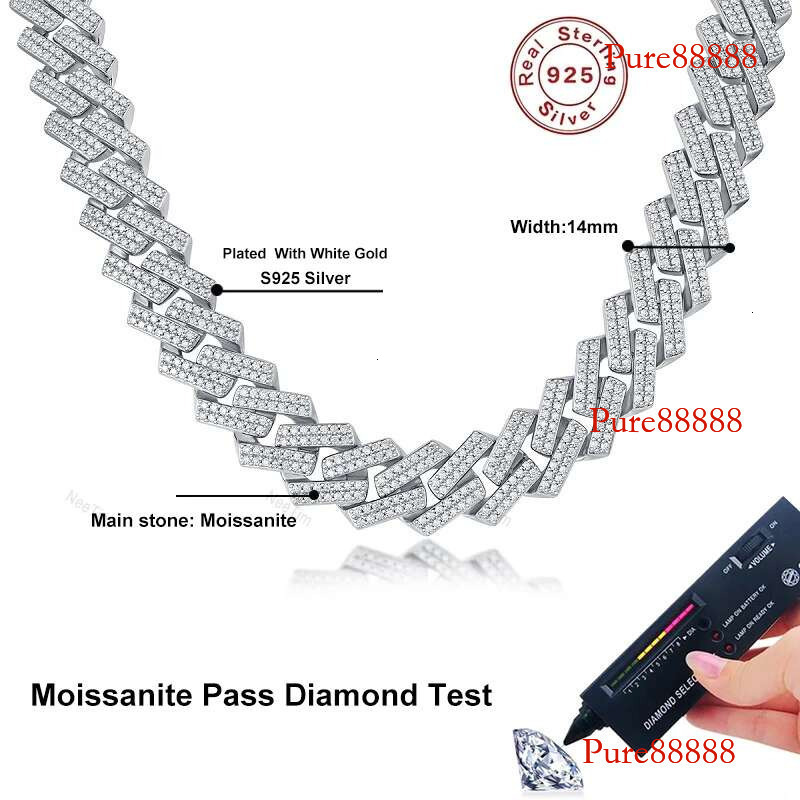 NeeTim 14mm Full Moissanite Cuban Necklaces for Men Women Sterg Sier with White Gold Plated Neck Chain Hip Hop Jewelry