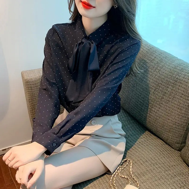 Womens Spring Korean Simple Button Printed Polo Neck Shirt Full Match Fashionable Warm polka dot Long Sleeve 250311