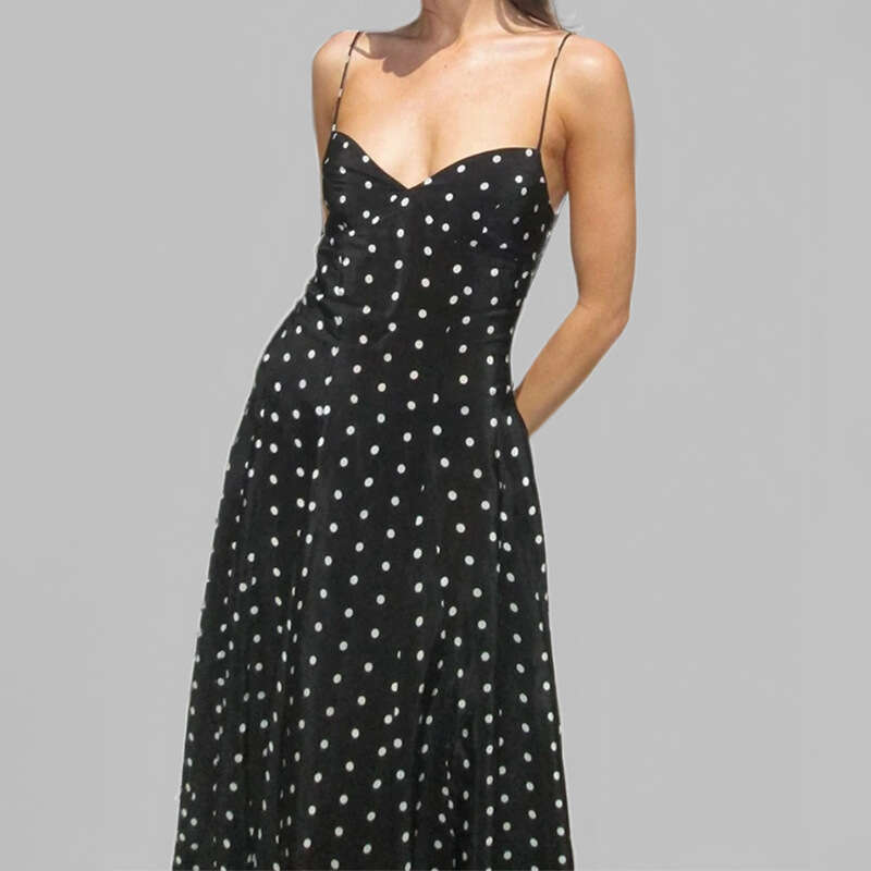 2025 Spring Women's Elegant And Casual Dot Printed Shoulder Strap Party Dress KLMY