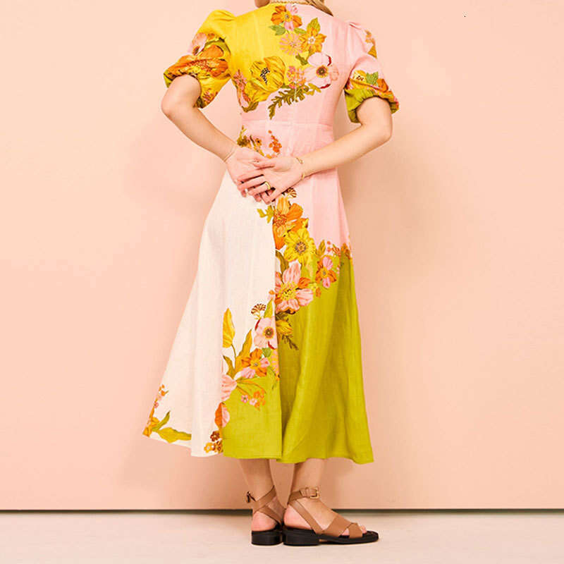 2025 Summer New Women's Clothing Ethnic Style Printed Fashionable Bubble Sleeves Slim Fit Large Swing Dress KLMY