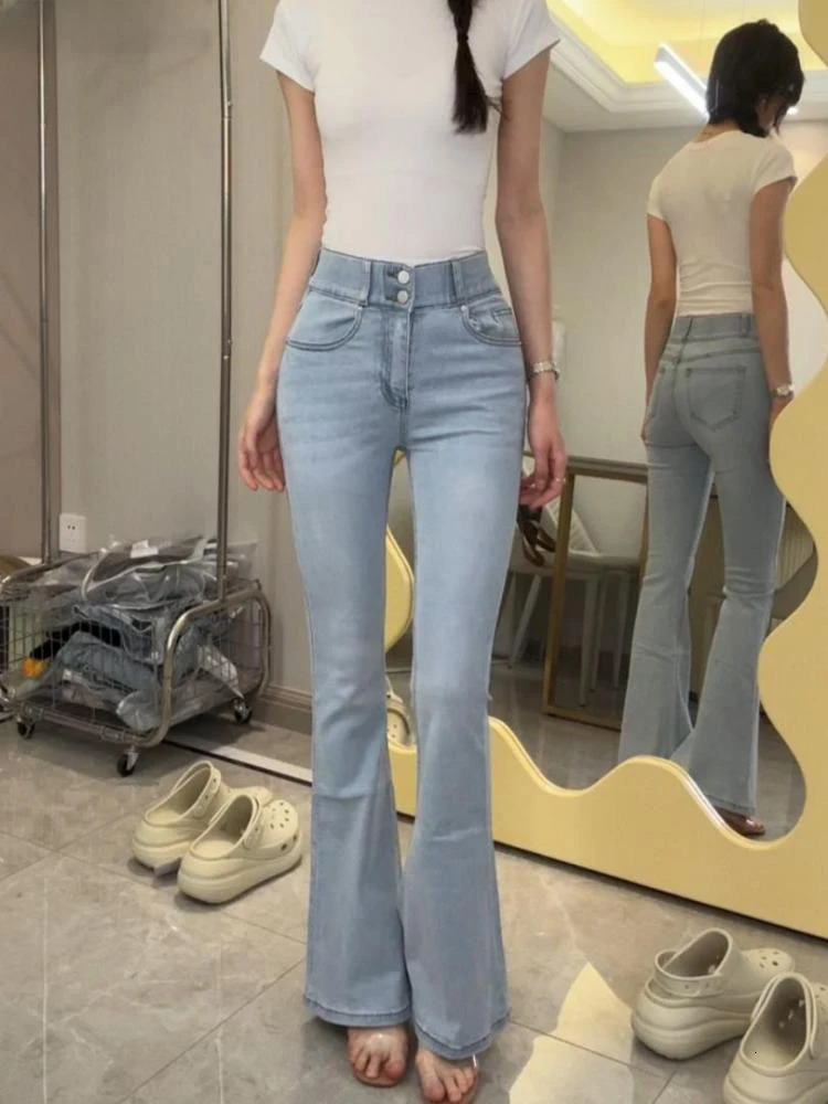 Autumn Women Fashionable High Waisted Flared Jeans Korean Style Street Wear Sexy Womens Slim Fit Elastic Full Crotch Jeans 250306