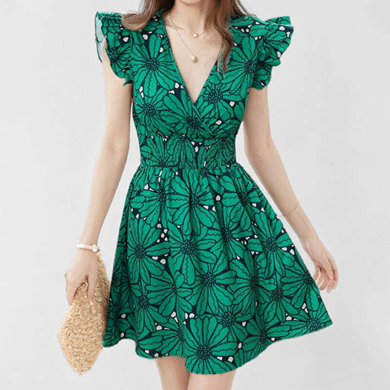 2025 Spring New Women's V-Neck Waist Collection Sexy Ruffle Printed French Dress KLMY
