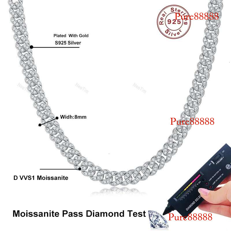 NeeTim 8mm Full Moissanite Cuban Necklaces for Men Women D Color Lab Dia S Sterg Sier Hip Hop Jewelry Neck Chain