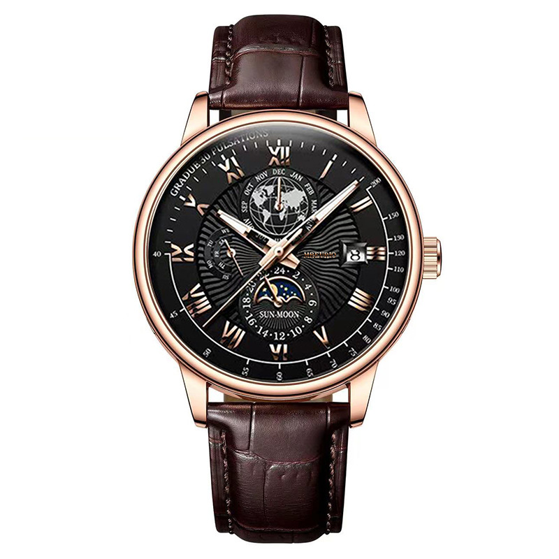 Stylish and Trendy Mens Watch with Three Eye Calendar Starry Sky Moon Design and Leather Belt Perfect for Fashionable Men