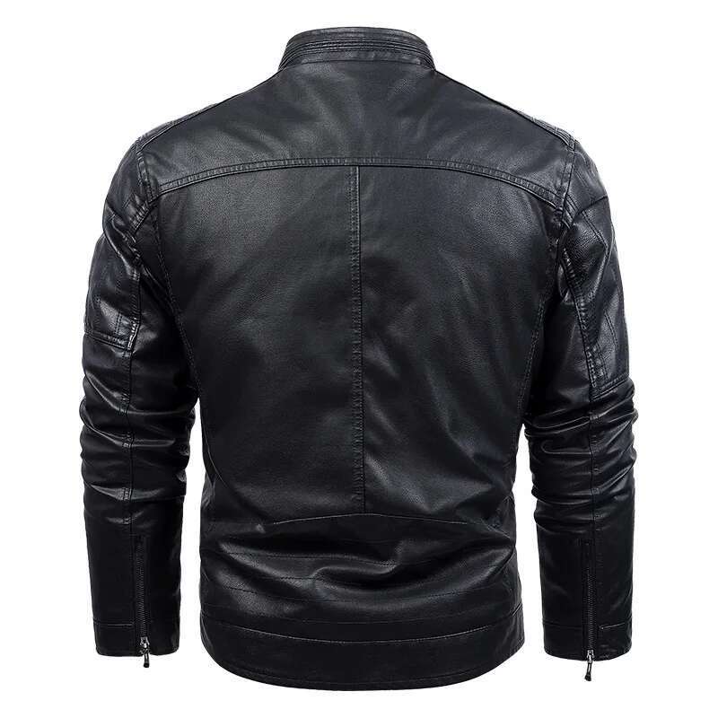 Men's Standing Collar Multi Pocket Jacket With Thickened PU Leather Work Outdoor Motorcycle Riding Clothes