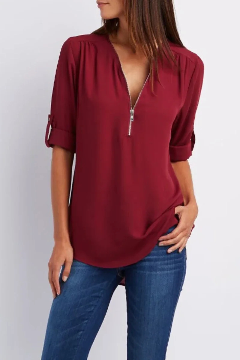 Quality Sale Plus Size Deep V Neck Women Blouse Chiffon Cool Loose Shirt Fashion Casual Ladies Tops Sexy Zipper Pullover 250311