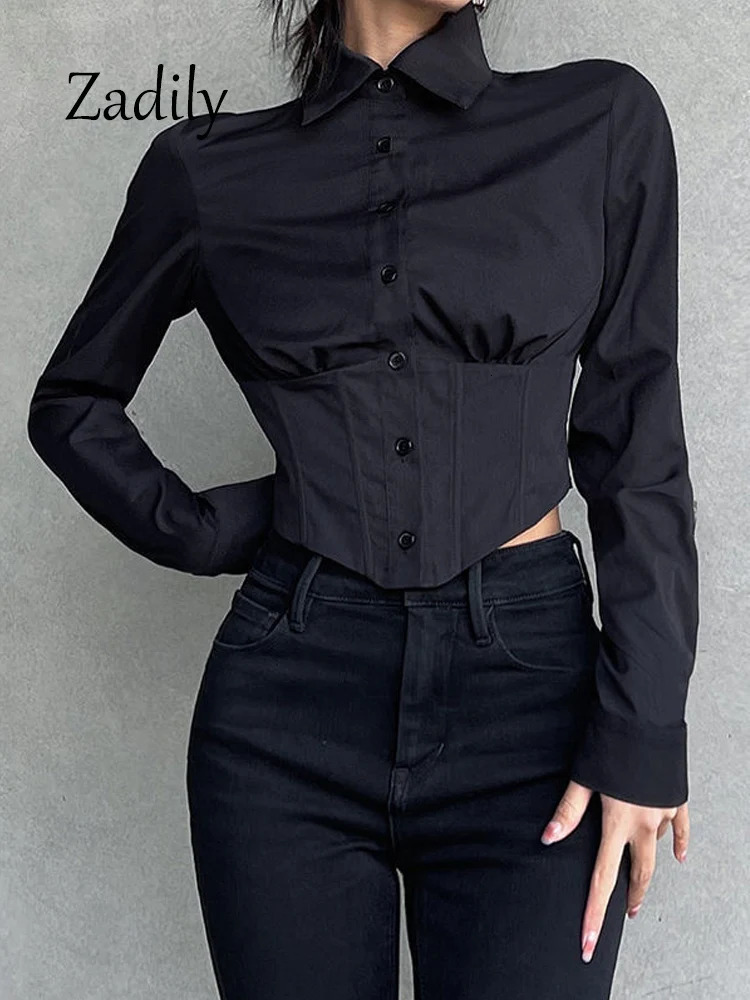 Spring Sexy Long Sleeve Women White Shirt Blouse Korea Style Button Up Slim Waist Y2K Crop Tops Female Cardigan Clothing 250311