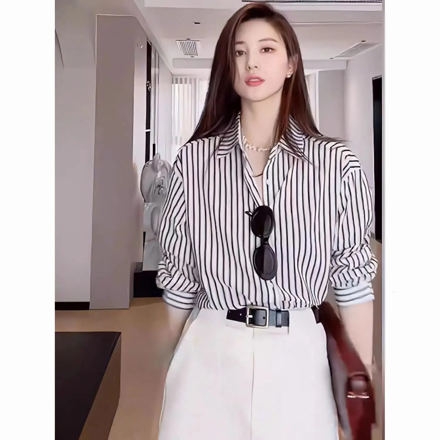 Black Striped Blouse For Women Srpng Temperament Casual Longsleeved Shirt Office Lady Wear Elegant Ladies Clothes Tops 250310