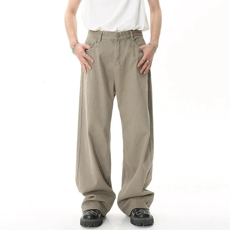 Mens Streetwear Korean Loose Straight Denim Pants Trousers Baggy Beige Jeans Fashion Casual Oversized Wide Leg 250311