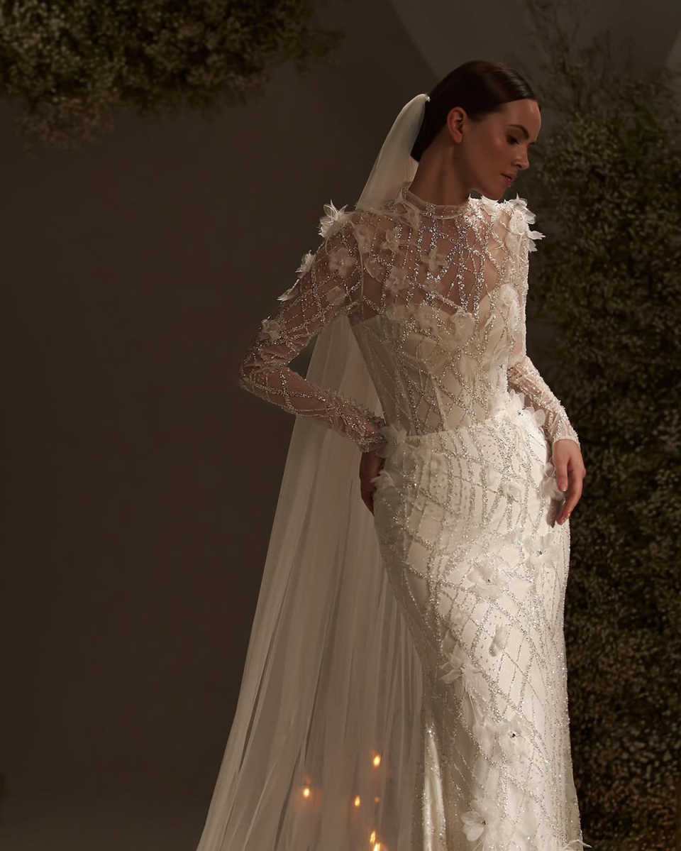 Designer Mermaid Wedding Dress High Collar Long Sleeves Bridal Gowns Appliques Sequins Sweep Train Dresses Custom Made vestidos de novia