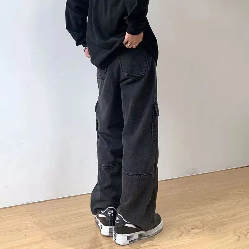 Mens Cargo Pants High Street Multipocket Black Gray Work for Men Loose Trousers Waist Vintage Straightleg Jeans 250311