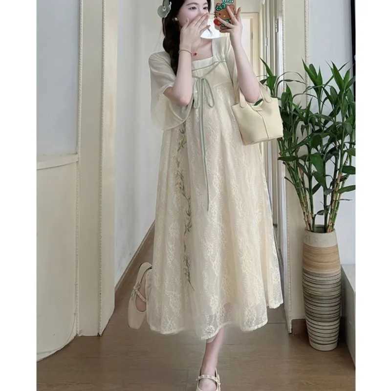 2024 Summer Fashion Square Collar Maternity Dress Chinese Style Short Sleeve Dress Loose Outing Pregnant Womens Skirts LF905T250311