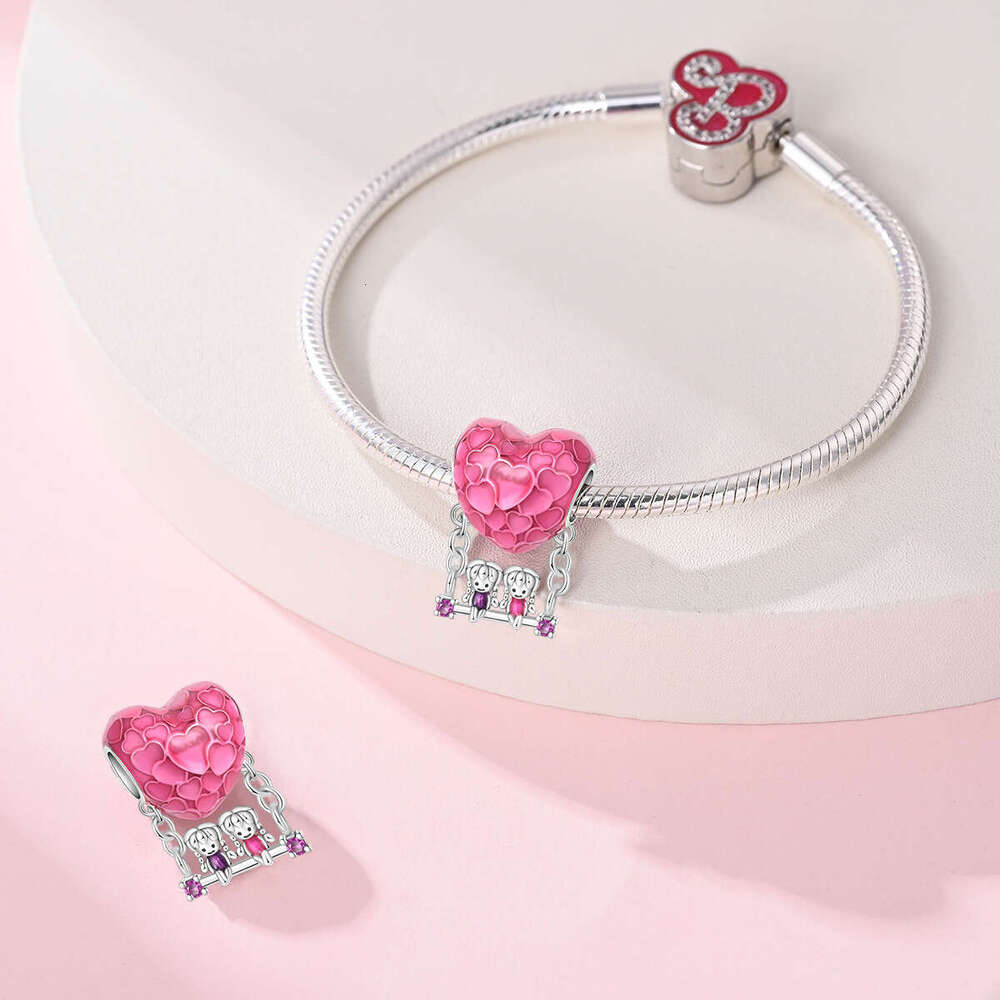 925 sterling silver Charm Friendly sisters love pink rose pendant beads charms DIY jewelry accessories bracelet for women gift fashion jewelry wholesa