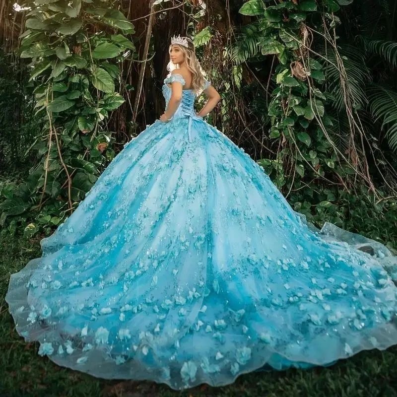 Sky Blue Off The Shoulder Princess Ball Gown Quinceanera Dresses 3D Flower Sequin Applique Beads Sweet 16 Dress Vestidos 15 Anos