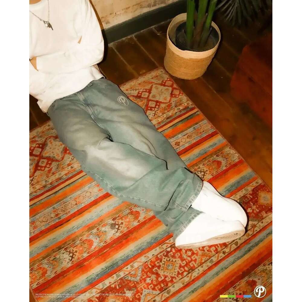 Jeans Jeans PROTECT Streetwear Y2k Mens Pants Haruku Hip Hop Letter Embroidery Vintage Blue Baggy Jeans High Waist Wide Leg Trouser
