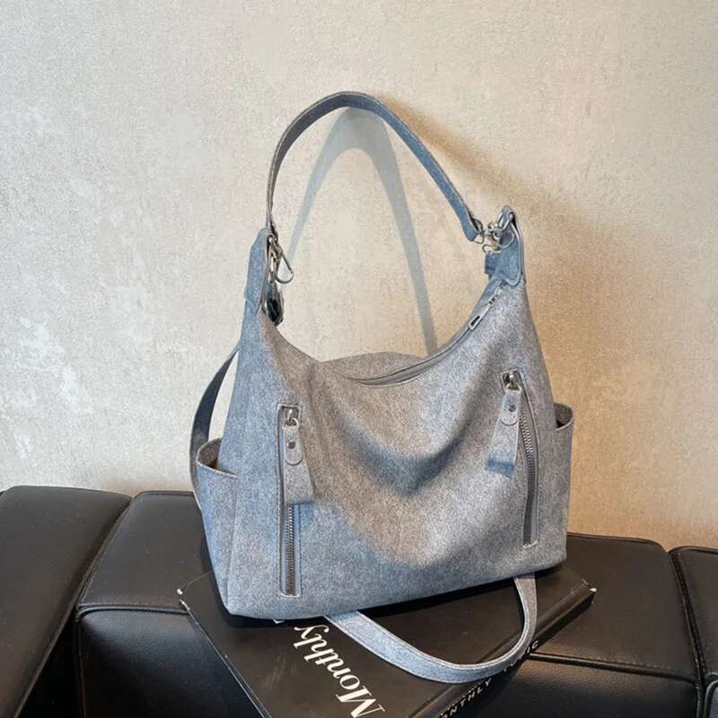 Vintage Frosted PU Leather Shoulder Bag Daily Used, Double Zipper Casual Tote Women's Crossbody Bags For Commuting