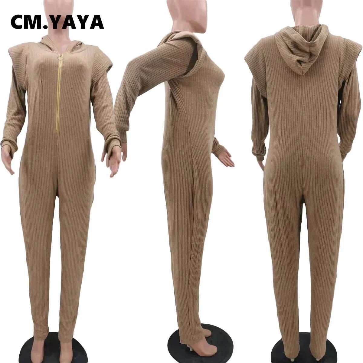 Cm.Yaya Winter Spring Knitted Women Zipper Fly Hooded Solid Sexy Jumpsuit Elegant Long Sleeve Romper One Piece Overalls Playsuit