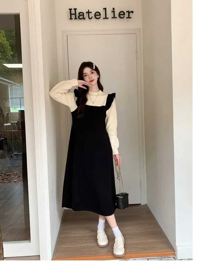 Maternity Dress Autumn Winter Long Sleeve Stitching Fake Two Pieces Clothes for Pregnant Women Knitted Pregnancy DressesT250311