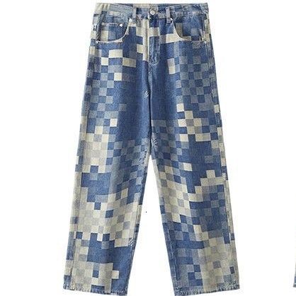 2025 Hot Selling Fashion Designer Men s American Jeans Men s Mosaic Chessboard Popular Pattern Straight Tube Loose Pants Outdoor Casual Skateboarding 