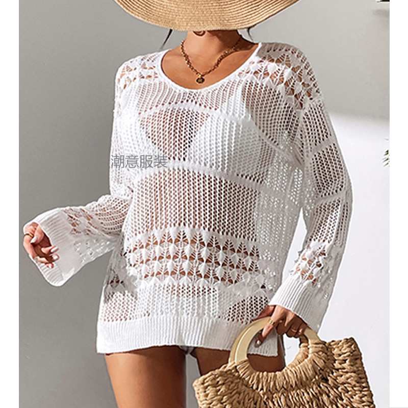 New Vacation Sexy Hollow Texture Loose Fitting Pullover Fashionable Sun Protection Shirt, Mid To Long Beach Cover