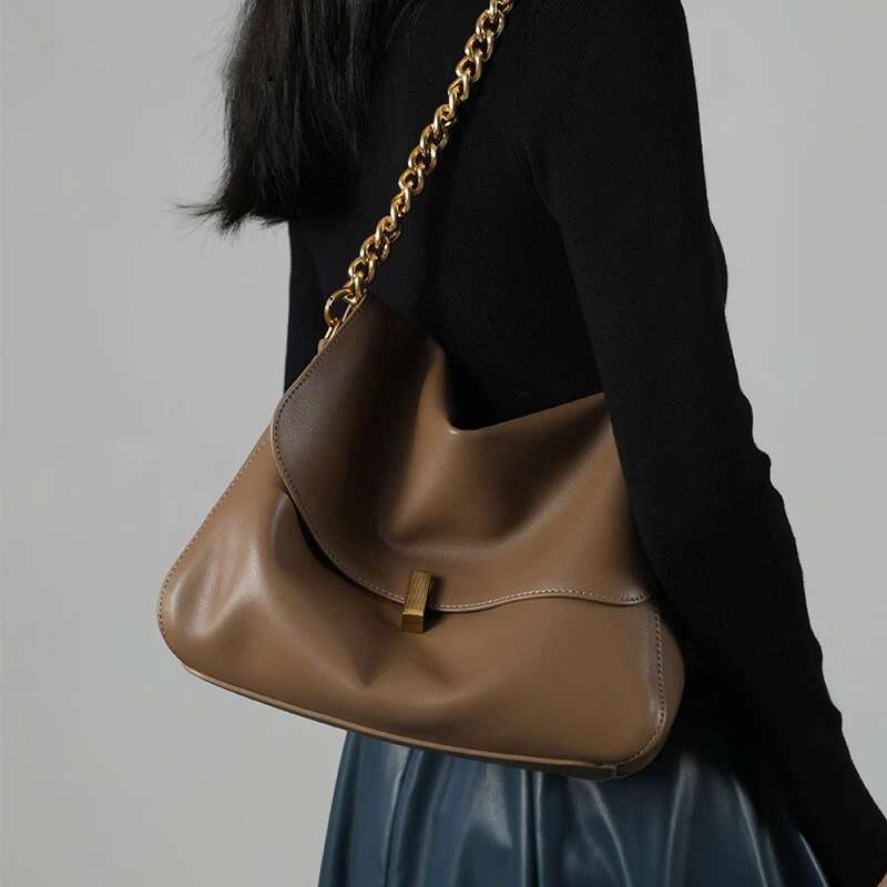 Toptrends Genuine Leather Large Chain Shoulder For Women 2025 Designer Office Messenger Bags Satchel Cow Ladies Handbags