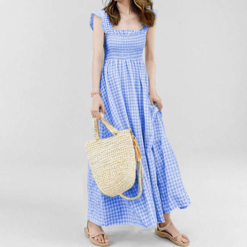2025 Spring New Elegant Women's Commuter Collar Plaid Strap Elastic Large Swing Dress KLMY