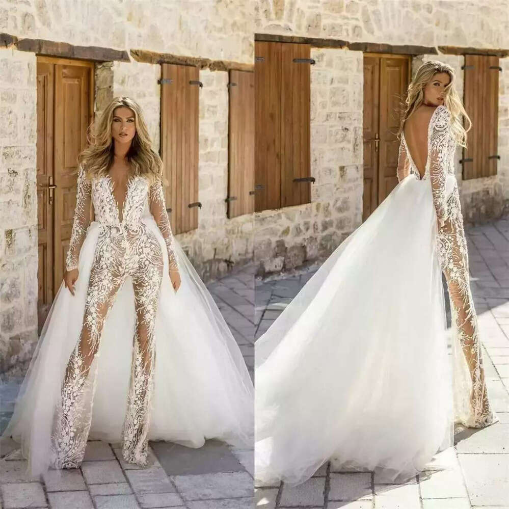 V Deep Neck Lace Jumpsuit See Through Wedding Dresses With Detachable Train Long Sleeve Bridal Gowns Vestido De Novia