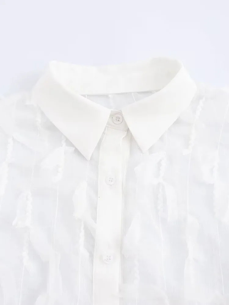 Autumn Arrivals Womens Clothing Tassel Fashionable and Versatile Translucent Long Sleeve White Lapel Shirt 250310