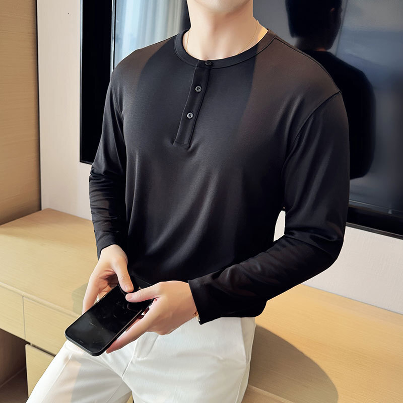 Henry collar long sleeved base shirt men's T-shirt elastic round neck autumn and winter interior casual trendy top solid color polo