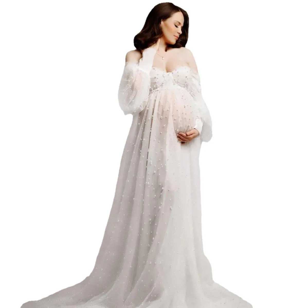 Shining Photo Pregnant Women Dress Photo Studio Shoot Soft Net Nail Beads Tie Fairy Pregnancy Flavor Mommy Long Dress X250224
